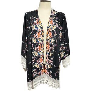 Umgee Open Front Kimono Cardigan Black Multicolor Floral Crochet Lace Med/Lg